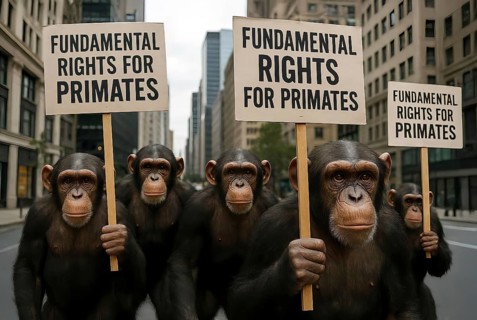 A group of chimpanzees demonstrates and demands basic rights for primates, symbolic image law,