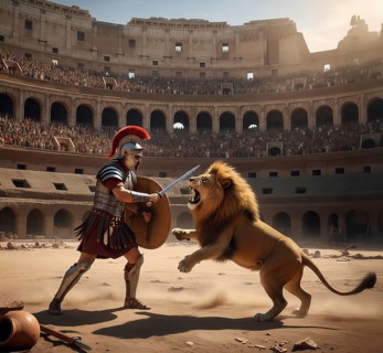 A gladiator with helmet, shield and sword fights against a lion in a Roman arena, symbol ancient,