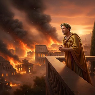The Roman Emperor Nero looks at the fire of Rome from Palatine Hill, symbolic image of Empire,