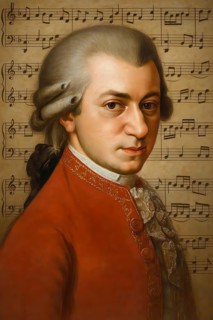Portrait of composer Wolfgang Amadeus Mozart in front of musical notes, symbol of music, musician,