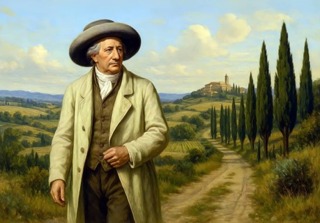 Johann Wolfgang von Goethe in front of an Italian landscape, symbolic image poet, politician,
