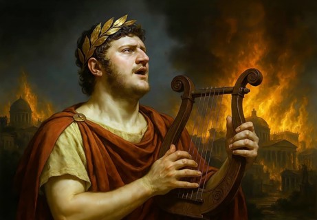 The Roman Emperor Nero plays the lyre and sings about the fire of Rome, symbolic image Empire,