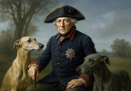 Portrait of the Prussian King Frederick II, Frederick the Great with his greyhounds, symbolic image