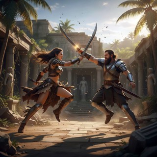 An Amazon fights with the sword against a man, a warrior, symbol warrior, horsewoman, Greek