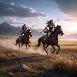 Two Amazons ride on horses and armed with spear, symbolic image warrior, female rider, Greek