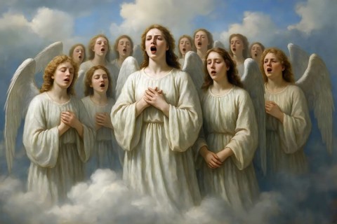 A choir of angels sings on a cloud in the sky, symbolic picture kitsch, music, song, angel chorus,