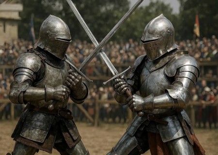 Two knights in armor and with helmet and sword fight each other in a medieval tournament, symbol