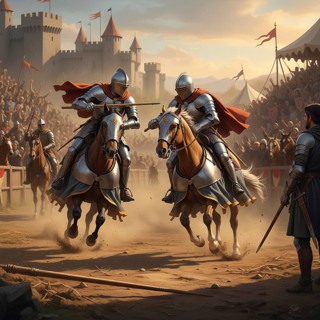 Two knights in armor and with helmet and lance ride and fight each other in a medieval tournament,