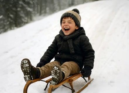 A boy sledges down a hill laughing happily on a sled, symbolizing winter, winter sports, sledding,