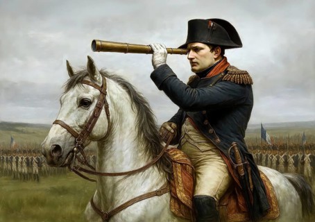 The French Emperor Napoleon Bonaparte on his horse looks through his telescope at the troops of his