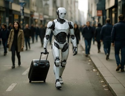Symbolic picture, a humanoid robot with luggage and suitcase on the way to a trip, cybernetics,