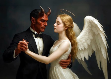 An angel and a devil dance together, symbolic image contrast, opposites, heavenly, devilish,