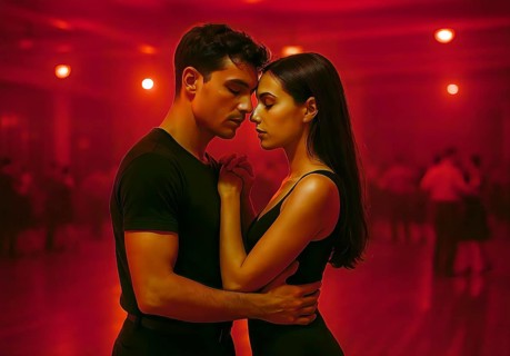 A young couple in love dances under red light, symbolic picture, dance, love, couple, affectionate,