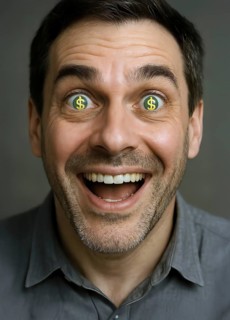 Portrait, a man has dollar signs in his eyes, symbolic image, money, dollars, finances, finance,