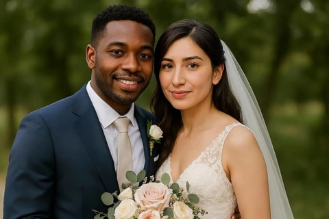 A bridal couple, a person of color and a European woman in a suit and wedding dress with veil and