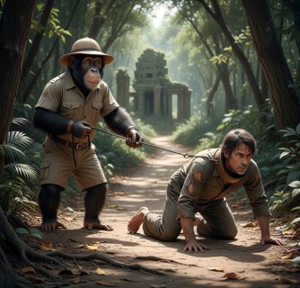 A chimpanzee leads a human, a man, on a leash, symbolic image, domination, slavery, pet,