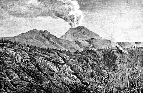 Lava flows of Vesuvius in 1872, stratovolcano, geology, hot lava, smoke, steaming volcano, lava
