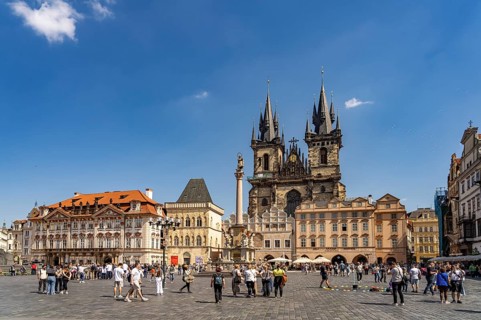 St. Mary's Column and Tyn Church on Old Town Square in Prague's Old Town, Prague, Czech Republic