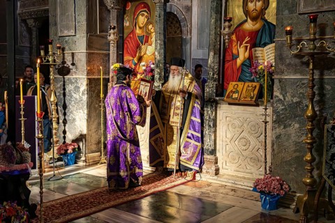 Orthodox priests at Mass on Good Friday in the Catholicon of Hosios Luke Monastery, UNESCO World