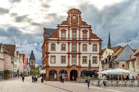Alte MÃ¼nze, MaximilianstraÃŸe and Altpörtel city gate in Speyer, Rhineland-Palatinate, Germany