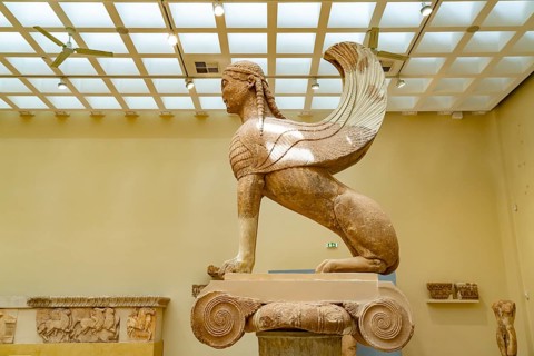 The Sphinx of the Naxier at the Delphi Archaeological Museum, UNESCO World Heritage Site in Delphi,