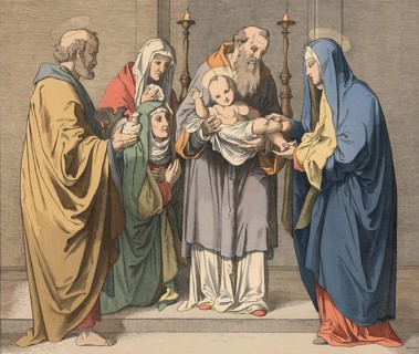Biblical story depicting Jesus in the temple. Presentation of the Lord in which the infant Jesus is