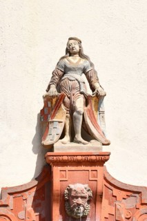 Ettlingen, Germany - August 13th: shield maiden sculpture on Fountain called 'Schildhalterin