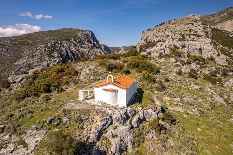 Greek Orthodox Church of the Annunciation seen from the air in the countryside near Konistres,