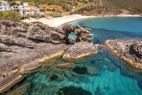 Rocky hole on Kalamos beach seen from the air, Euboea or Evia island, Greece
