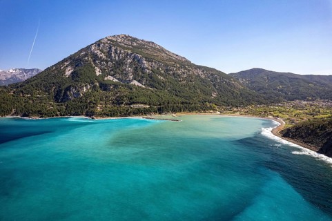 Landscape, coast and beach near the village of Pili or Pelio seen from the air, Euboea or Evia