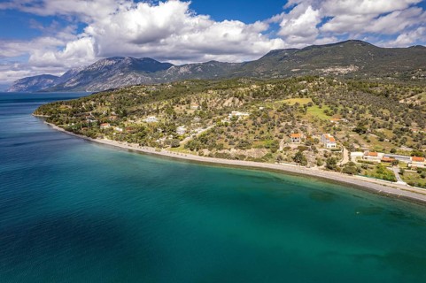 Landscape and beach near Politika on the island of Euboea or Evia seen from the air, Greece