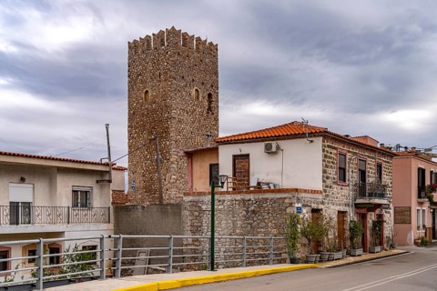 Medieval residential tower in the village of Politika on the island of Euboea or Evia, Greece