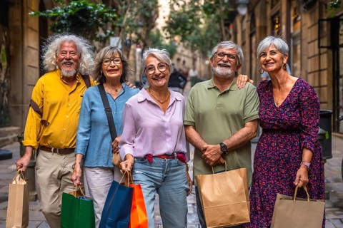 Happy senior friends smiling while standing on a historic city street, confidently enjoying a