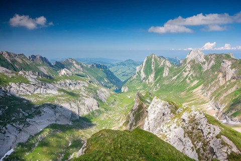 View over Alpstein Mountains into the Meglisalp Valley, Rotstein Pass, SÃ¤ntis, Appenzell,