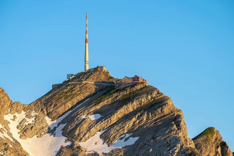 Summit of SÃ¤ntis with Berggasthof Alter SÃ¤ntis, Alpstein, Appenzell, Switzerland