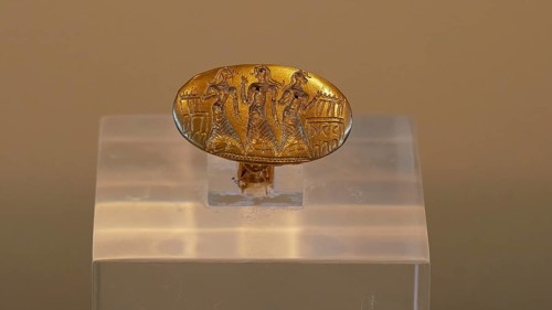 Golden Signing Ring with the Engraving of a Religious Ceremony, Ancient Golden Ring with Engraved