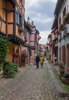 A narrow alley lined with traditional houses with plants and red flowers, Eguisheim, Plus Beaux