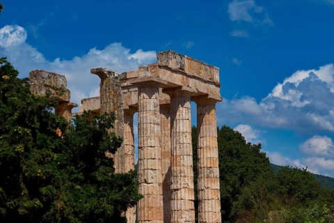 Detailed view of ancient temple columns against a wooded background with blue sky, Ancient Zeus