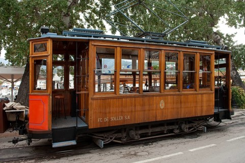 Historic Soller train car traveling from Palma to Soller and Port de Soller, Majorca, Spain