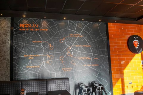 Map of Berlin inside GDK German Doner Kebab takeaway restaurant in city centre, Exeter, Devon,