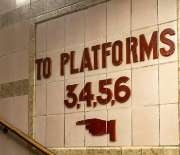 GWR 1930s Art deco style platform sign, Exeter St Davids railway train station, Exeter, Devon,