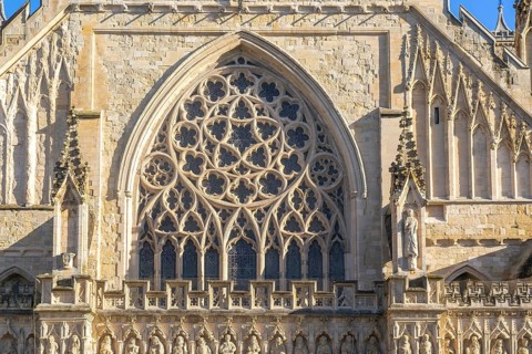 Exterior of the Great West Window, Exeter cathedral church, Exeter, Devon, England, UK
