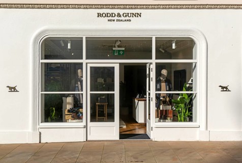 Shopfront window display Rodd & Gunn shop store, Cathedral Yard, Exeter city centre, Devon,