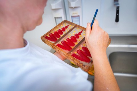 Person decorating red shapes in a chocolate mold with a brush, Christmas baking, Haselstaller Hof,