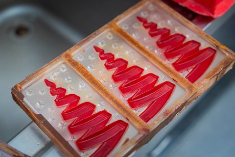 Red chocolate molds in a plastic tray, ready to make, Christmas baking, Haselstaller Hof, Wildberg,