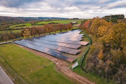 Solar system in autumn landscape with a view of the horizon, PV Freifaechenanlage construction,