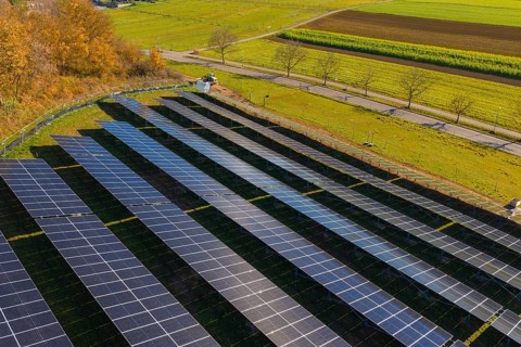 Field with solar panels shows use of technology nestled in autumn landscape, construction PV