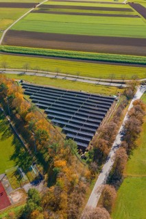 Solar system, nestled in autumnal nature and fields from a bird's eye view, Bau PV