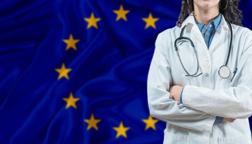 Medical professional on European Union flag. Healthcare and wellness in European Union, Concept