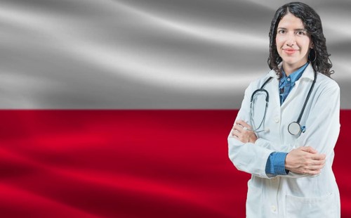 Polish medicine and healthcare concept. Doctor close up against Poland flag background